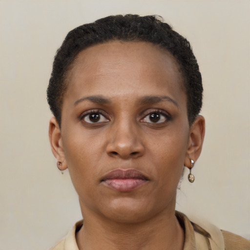 Neutral black young-adult female with short  brown hair and brown eyes