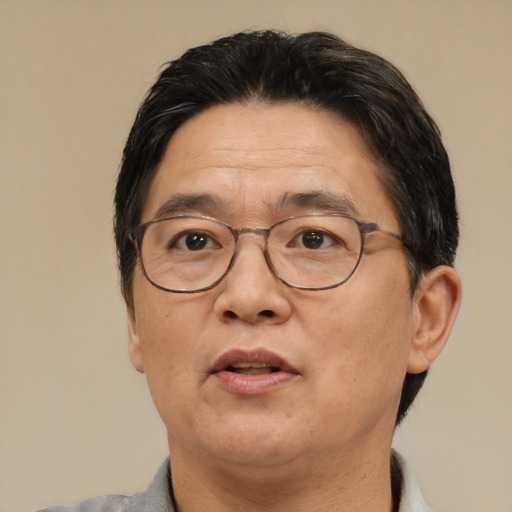 Joyful asian adult male with short  brown hair and brown eyes