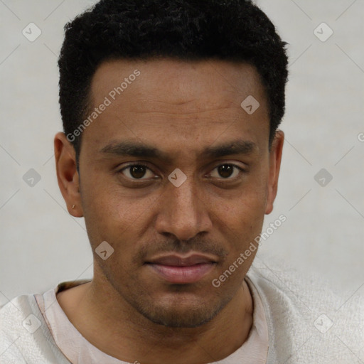 Neutral latino young-adult male with short  brown hair and brown eyes