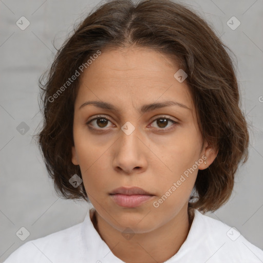 Neutral white young-adult female with medium  brown hair and brown eyes