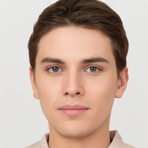 Neutral white young-adult male with short  brown hair and brown eyes