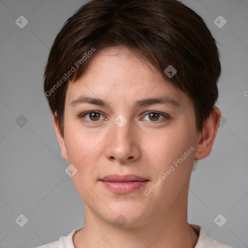 Joyful white young-adult female with short  brown hair and brown eyes