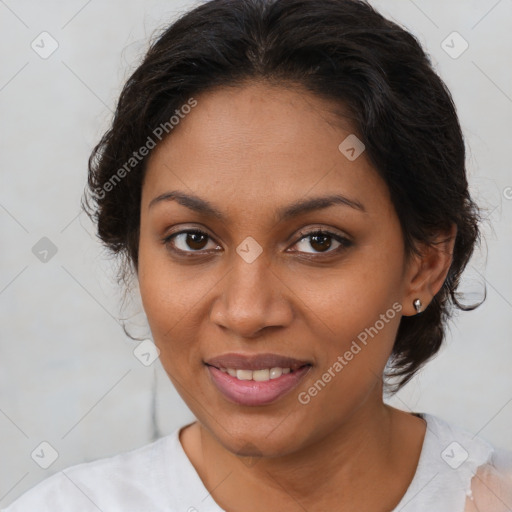 Joyful latino young-adult female with medium  brown hair and brown eyes