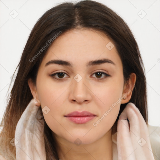 Neutral white young-adult female with long  brown hair and brown eyes