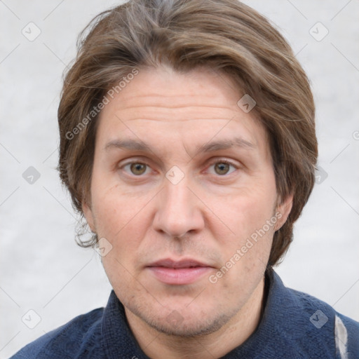 Joyful white adult male with short  brown hair and grey eyes