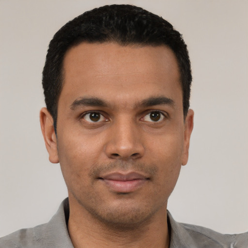 Neutral white young-adult male with short  black hair and brown eyes