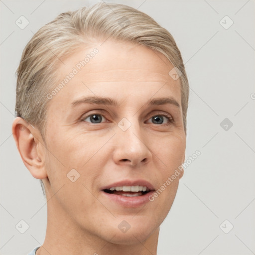 Joyful white young-adult female with short  brown hair and grey eyes