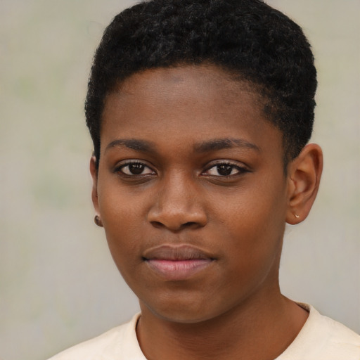 Neutral black young-adult female with short  black hair and brown eyes