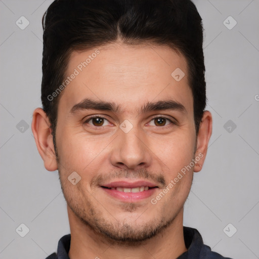 Joyful white young-adult male with short  brown hair and brown eyes