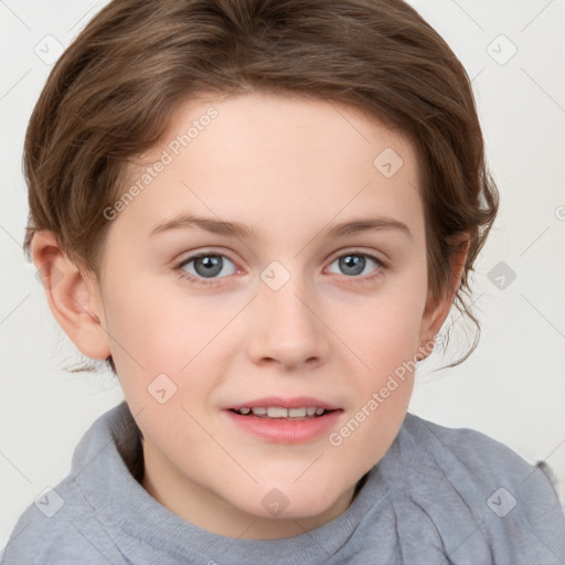 Joyful white child female with short  brown hair and brown eyes