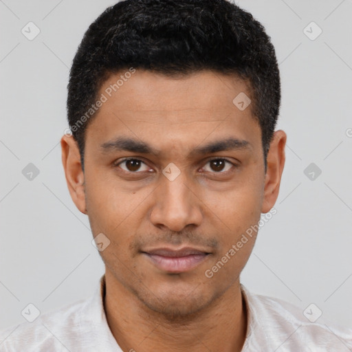 Neutral latino young-adult male with short  black hair and brown eyes