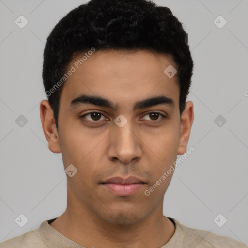 Neutral latino young-adult male with short  black hair and brown eyes