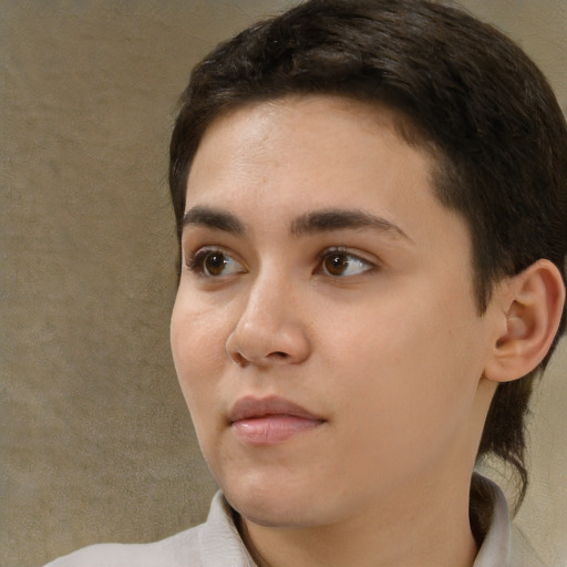 Neutral white young-adult female with short  brown hair and brown eyes