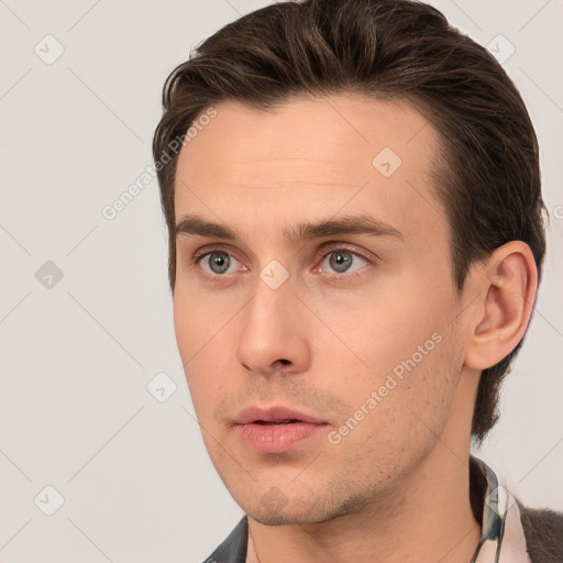 Neutral white young-adult male with short  brown hair and brown eyes