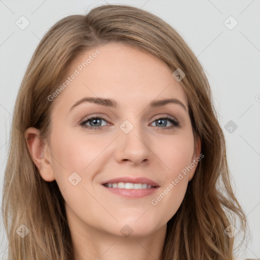 Joyful white young-adult female with long  brown hair and grey eyes