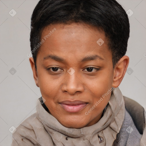 Joyful black young-adult female with short  brown hair and brown eyes