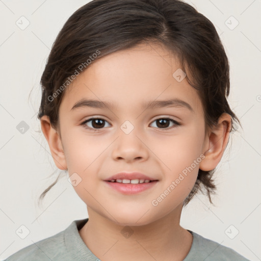 Joyful white child female with medium  brown hair and brown eyes