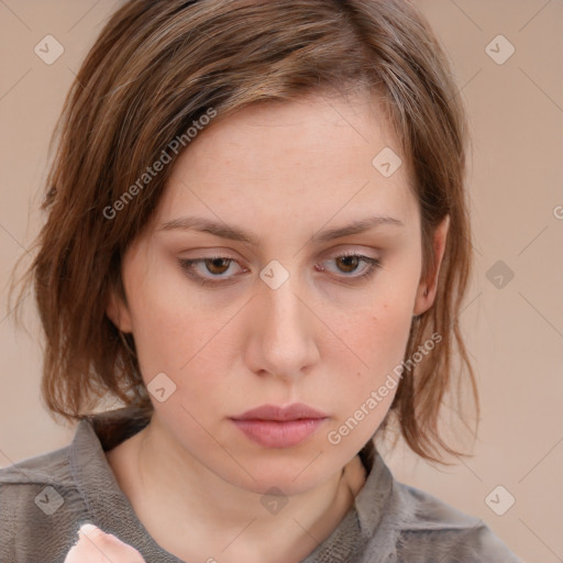 Neutral white young-adult female with medium  brown hair and brown eyes