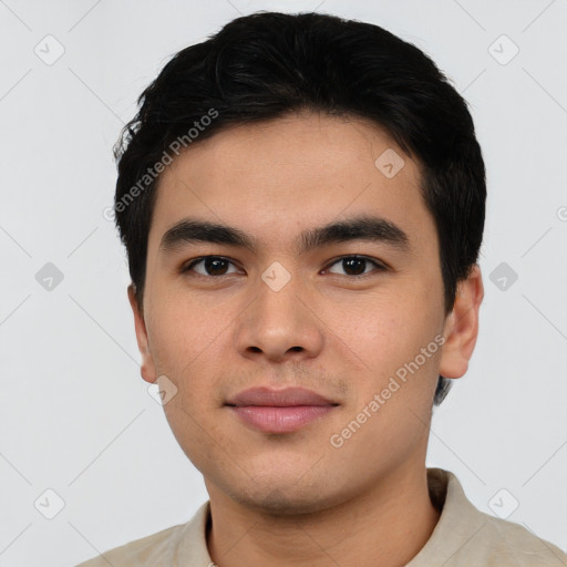 Neutral asian young-adult male with short  black hair and brown eyes