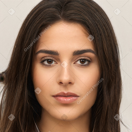 Neutral white young-adult female with long  brown hair and brown eyes