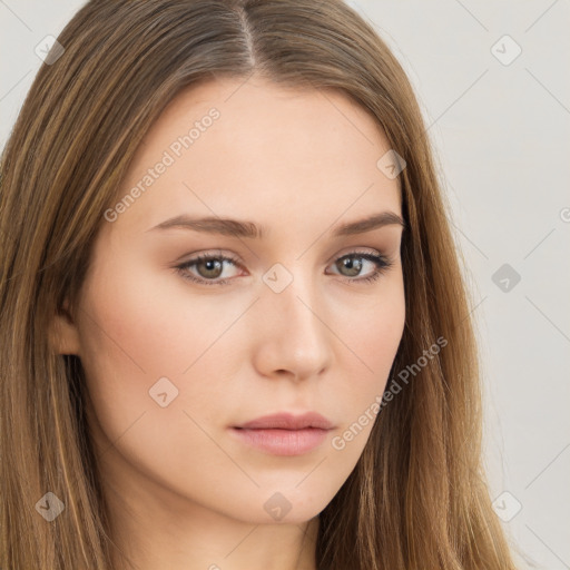 Neutral white young-adult female with long  brown hair and brown eyes