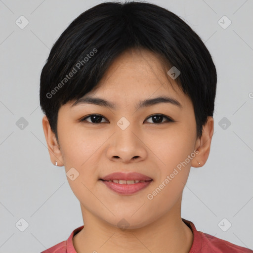 Joyful asian young-adult female with short  black hair and brown eyes