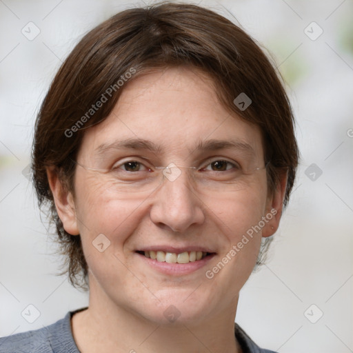 Joyful white adult female with medium  brown hair and grey eyes