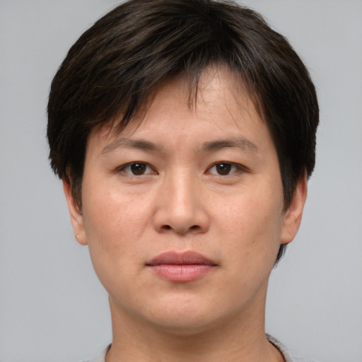 Joyful asian young-adult female with short  brown hair and brown eyes