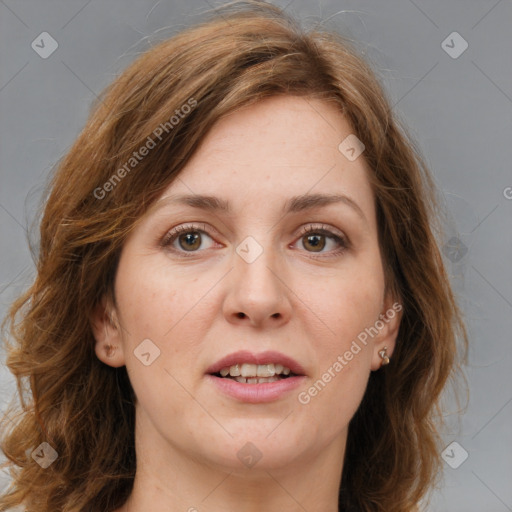 Joyful white young-adult female with medium  brown hair and green eyes