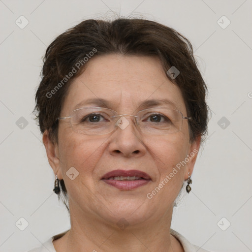 Joyful white adult female with short  brown hair and grey eyes