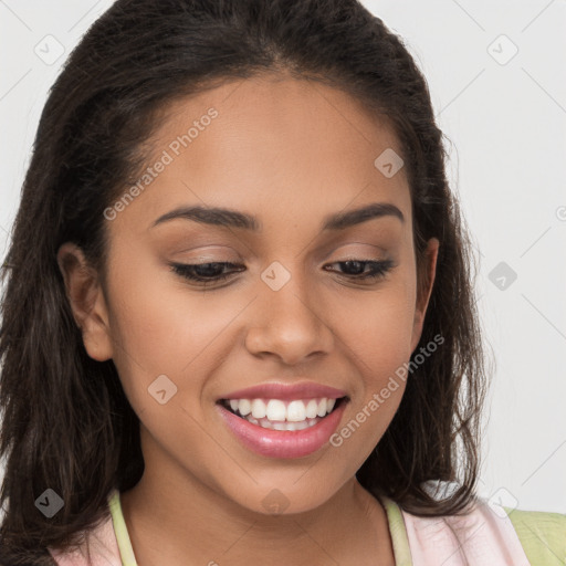 Joyful white young-adult female with long  brown hair and brown eyes