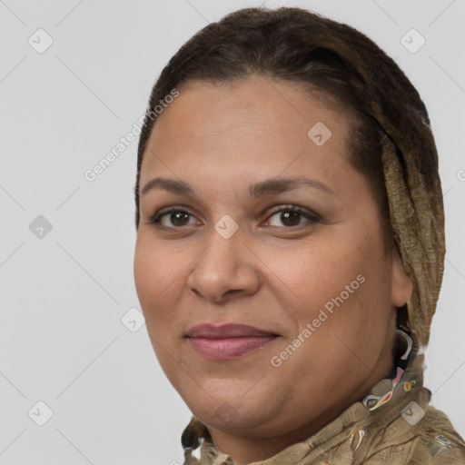 Joyful white adult female with short  brown hair and brown eyes