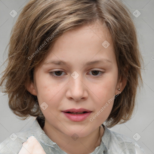 Joyful white child female with medium  brown hair and brown eyes