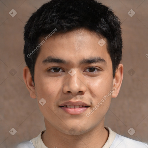 Joyful asian young-adult male with short  brown hair and brown eyes