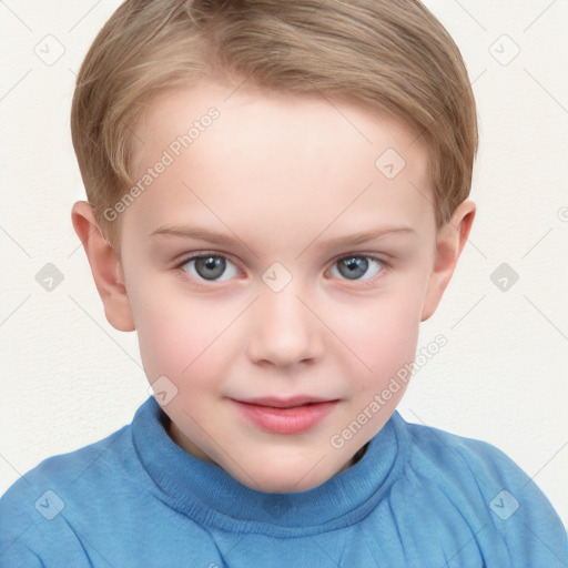 Joyful white child female with short  brown hair and blue eyes