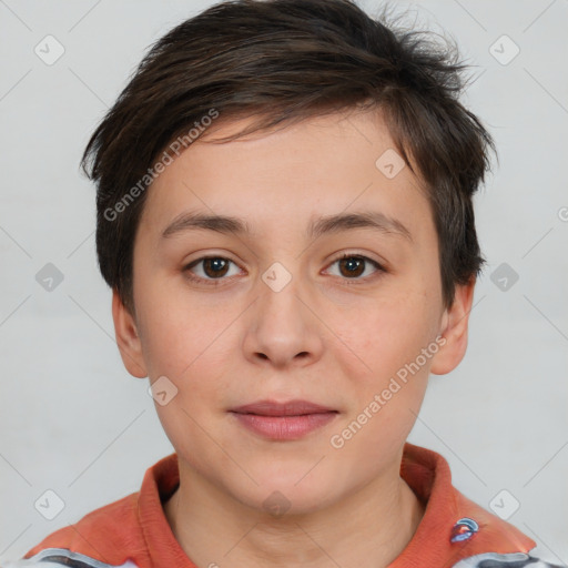 Neutral white young-adult female with short  brown hair and brown eyes