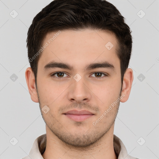 Neutral white young-adult male with short  brown hair and brown eyes