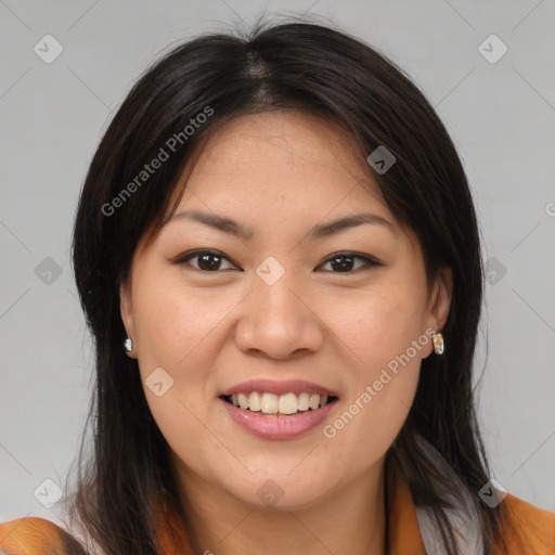 Joyful white young-adult female with medium  brown hair and brown eyes