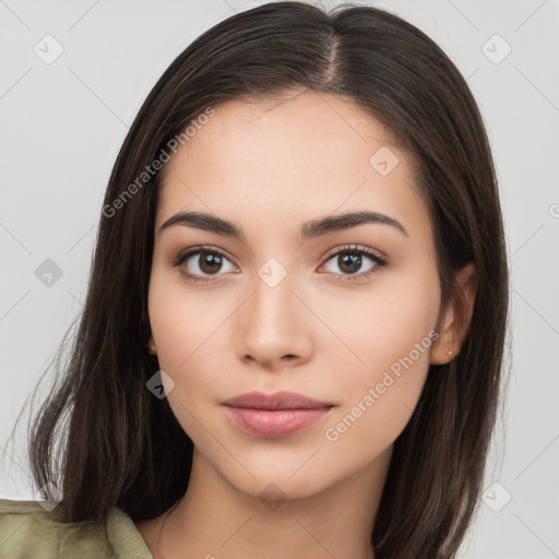 Neutral white young-adult female with long  brown hair and brown eyes