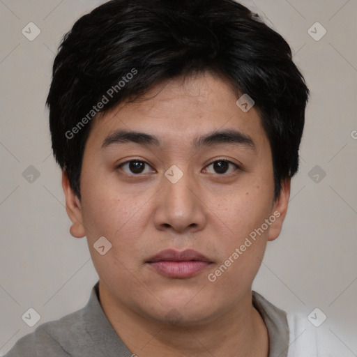 Neutral asian young-adult male with short  black hair and brown eyes