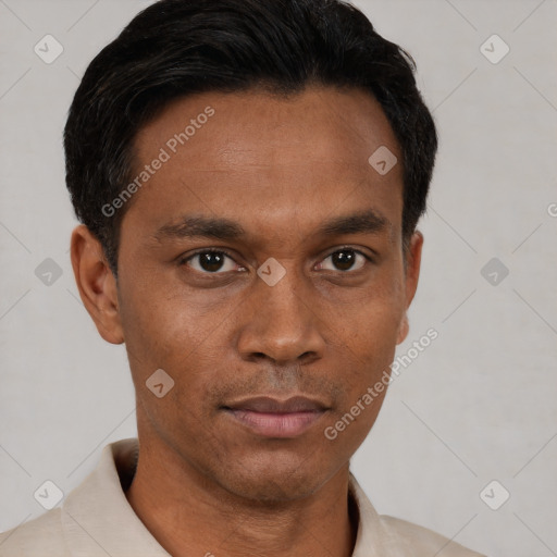 Neutral asian young-adult male with short  brown hair and brown eyes