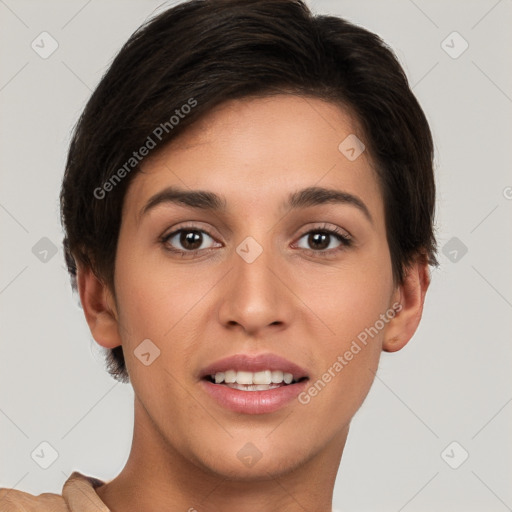 Joyful white young-adult female with short  brown hair and brown eyes