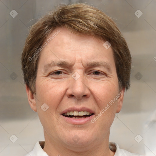 Joyful white middle-aged male with short  brown hair and brown eyes