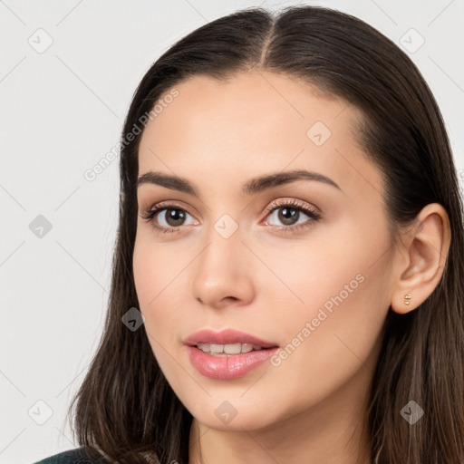 Neutral white young-adult female with long  brown hair and brown eyes