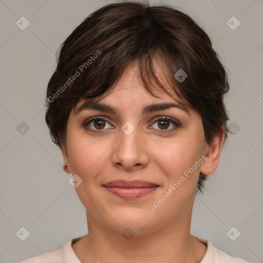 Joyful white young-adult female with medium  brown hair and brown eyes