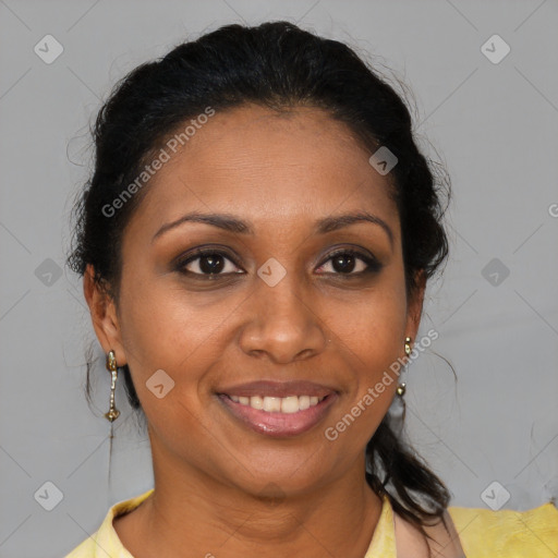 Joyful black young-adult female with medium  brown hair and brown eyes