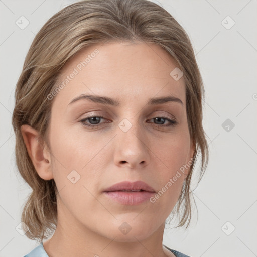 Neutral white young-adult female with medium  brown hair and grey eyes