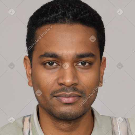 Neutral black young-adult male with short  black hair and brown eyes