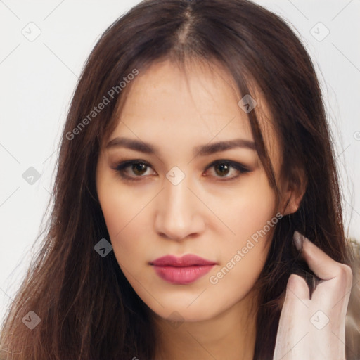 Neutral white young-adult female with long  brown hair and brown eyes