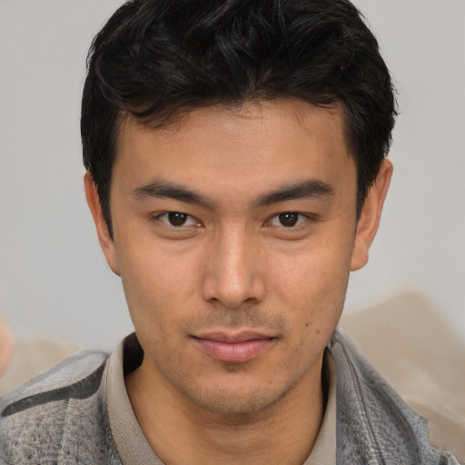 Neutral asian young-adult male with short  black hair and brown eyes